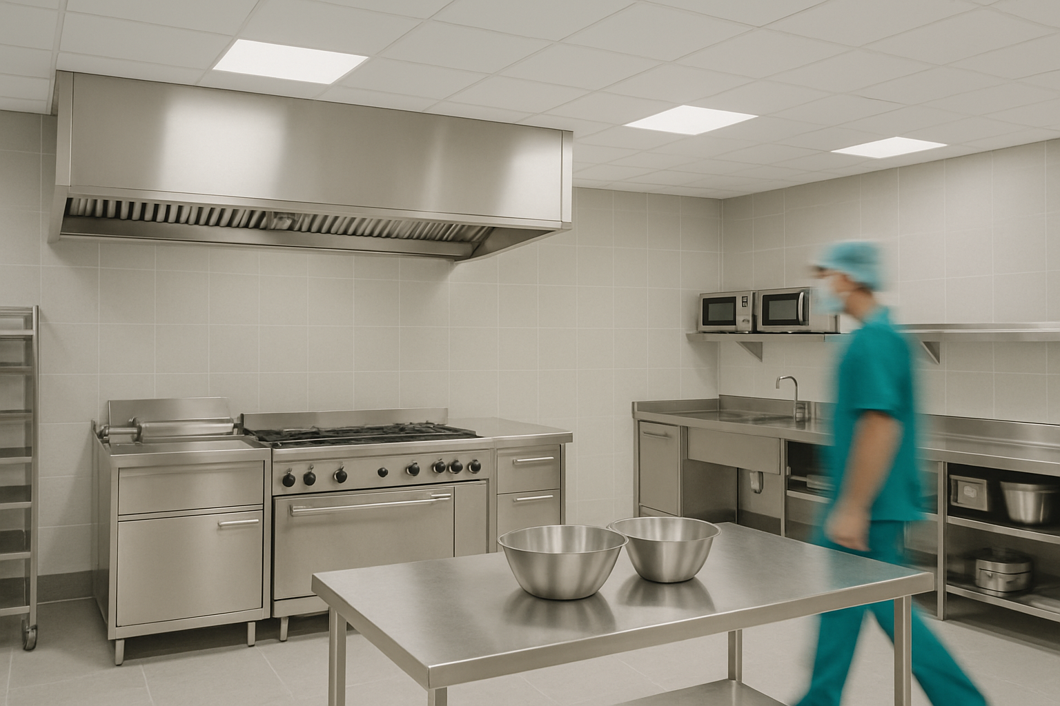 Cocina industrial de hospital equipada para preparar alimentos y bebidas con mezclas en polvo Premier Max