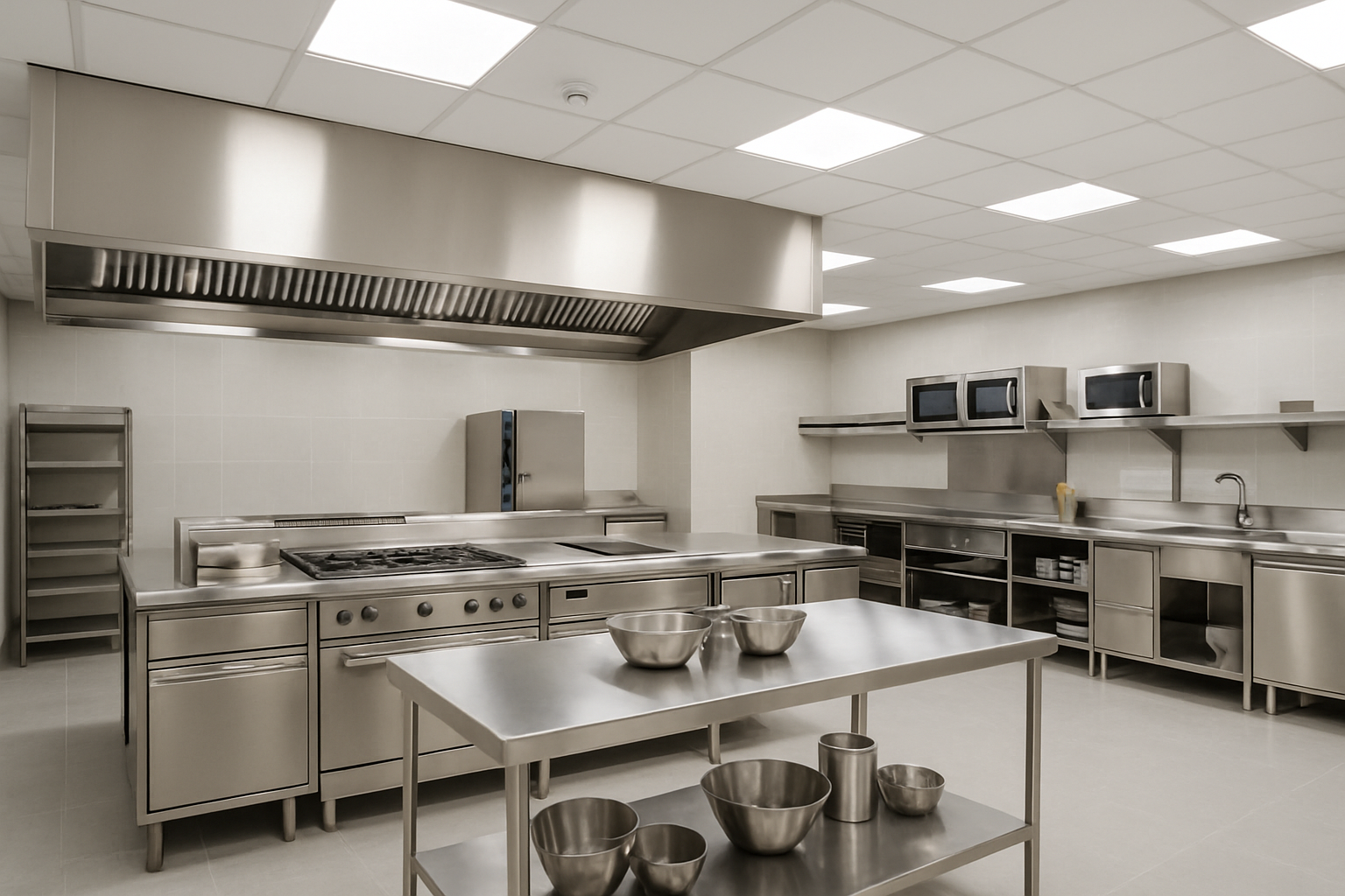Cocina industrial de hotel equipada para preparación de alimentos y bebidas con mezclas en polvo Premier Max