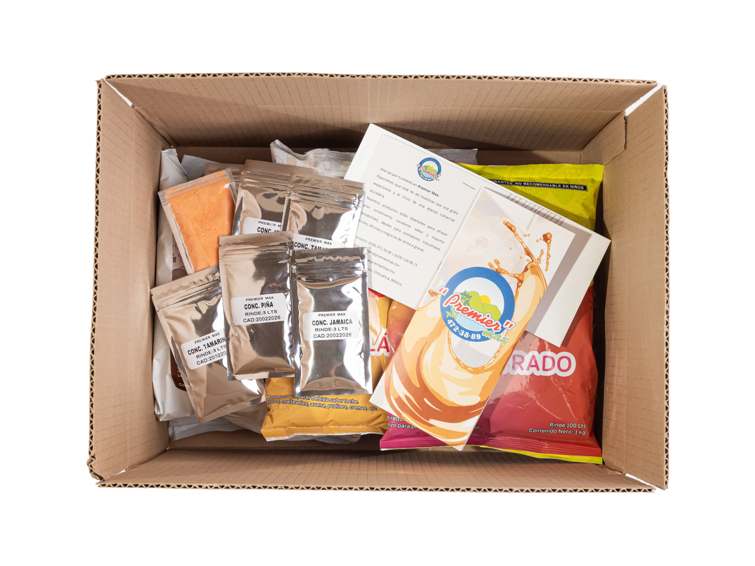 Kit de muestras Premier Max con sobres de bebidas en polvo para mayoristas.